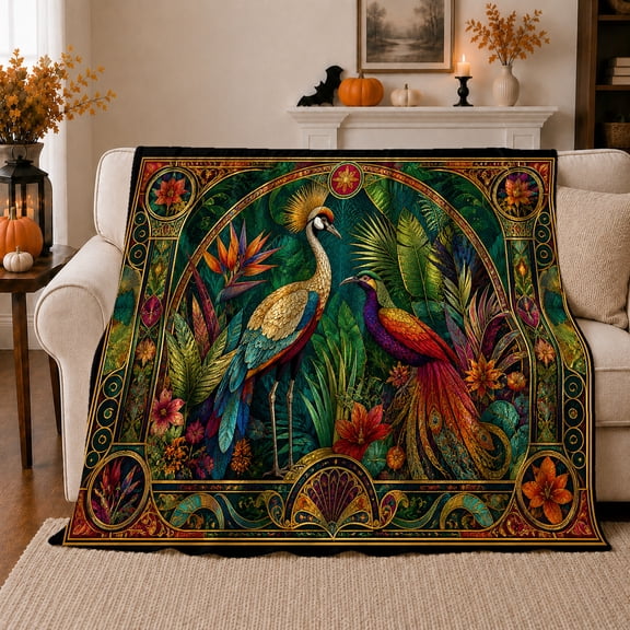 Exotic Tropical Birds Majestic Crane Art Jewel Tones, Cozy Bird Art Scene, Warm Flannel Blanket for Beach House and Living Room, Bird Lovers Thanksgiving Gift, Artistic Home Decor
