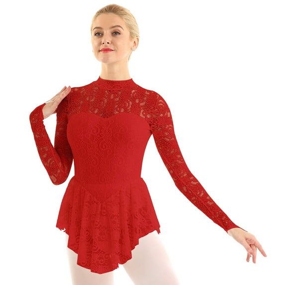 inhzoy Womens Adult Long Sleeve Lace Leotard Ballet Dance Gymnastics Ice Skating Dress