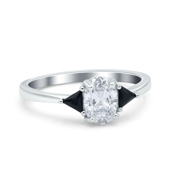 Simulated Cubic Zirconia Size-5 Vintage Art Deco Oval Wedding Engagement Bridal Ring Triangle Black 925 Sterling Silver
