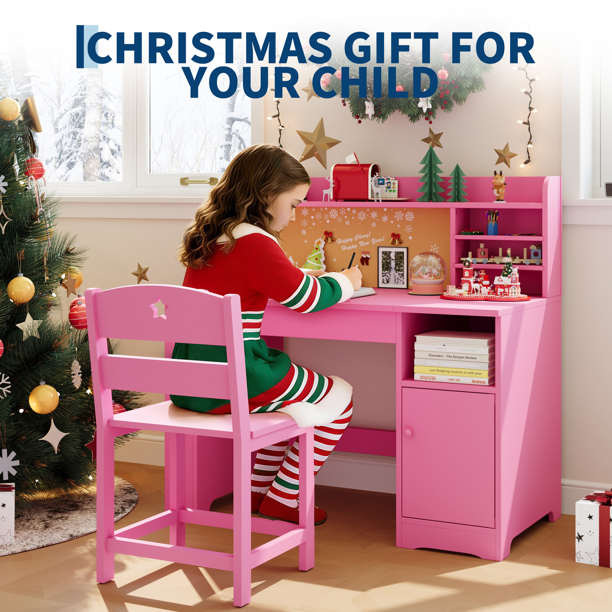 Kids Study Desk & Chair Set with Storage, Kids Study Desk with Hutch and Tiltable Desktop, Wooden Children Table with Storage Cabinet for 3-8 Years Old, Student Writing Table for Bedroom