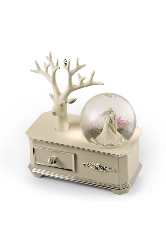 Ivory Wedding Couple Musical Snow Globe Atop Of A Silver Accented Commode - I Want To Hold Your Hand (The Beatles)
