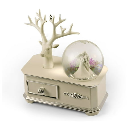 Ivory Wedding Couple Musical Snow Globe Atop Of A Silver Accented Commode - Aquarius - (Best Way To Keep Hawks Away)