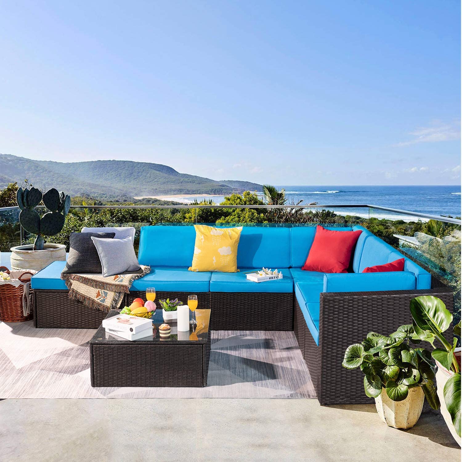Lacoo 7 Pieces Outdoor Conversation Set All Weather PE Rattan Sectional Sofa Sets with Soft Cushions, Ottoman and Coffee Table, Blue - image 2 of 7