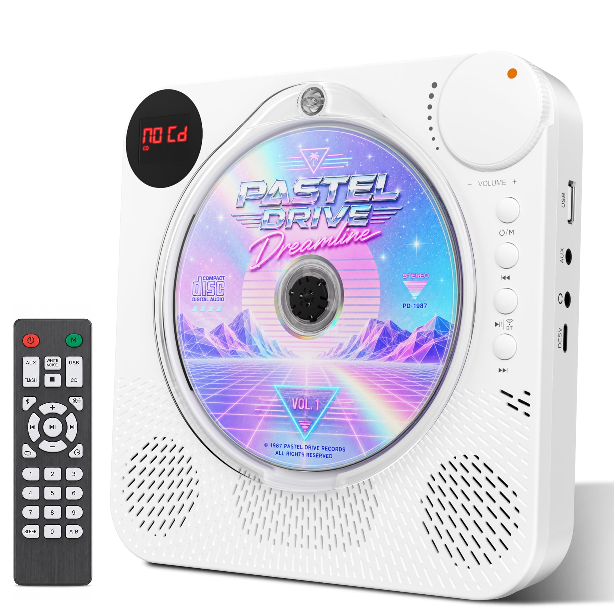 Portable CD Player with Bluetooth, 2000mAh Rechargeable Battery, Front LCD Display, Rotary Volume Knob, Dual Speakers, FM Radio, USB/AUX, Remote Control and Foldaway Stand