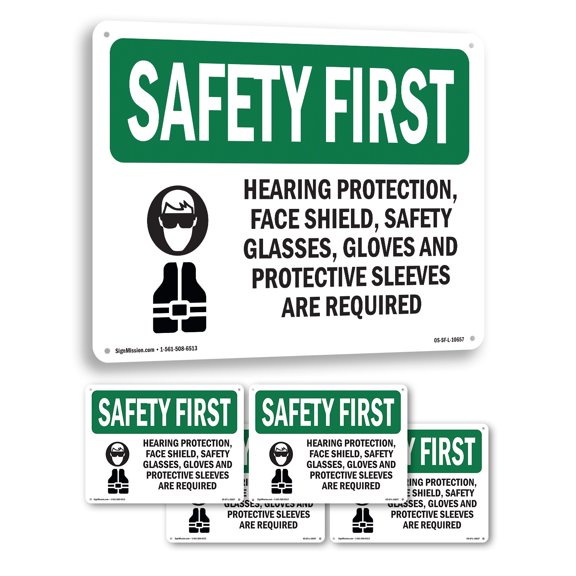 Hearing Protection Face Shield With Symbol OSHA SAFETY FIRST Rigid Plastic Sign 14 Inch x 10 Inch - 5 Pack