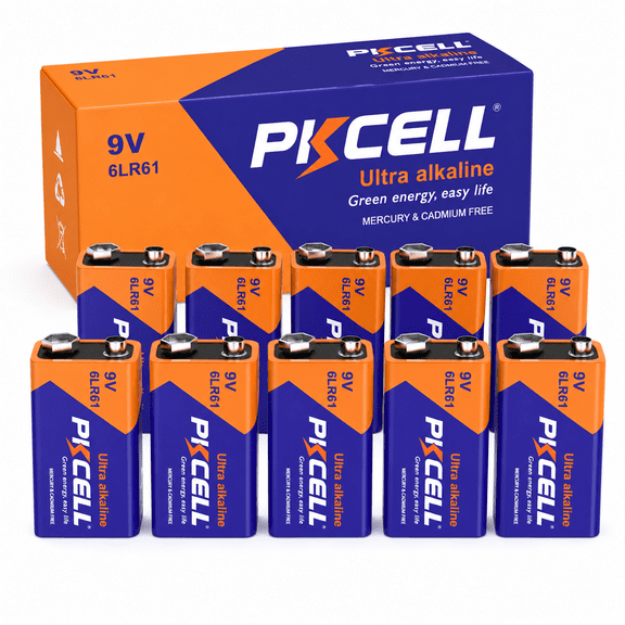 PKCELL 9V Alkaline Batteries (10 Pack), Long Lasting and Leak Proof 6LR61 9 Volt Batteries