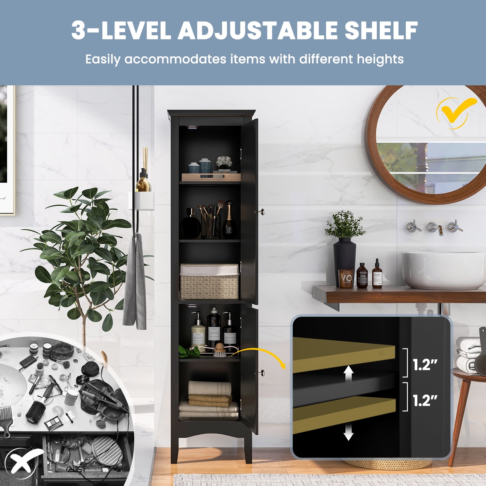 Patiojoy Freestanding Bathroom Storage Cabinet Tall Narrow Storage Cabinet with 1 Adjustable Shelf 1 Drawer and 2 Doors Black
