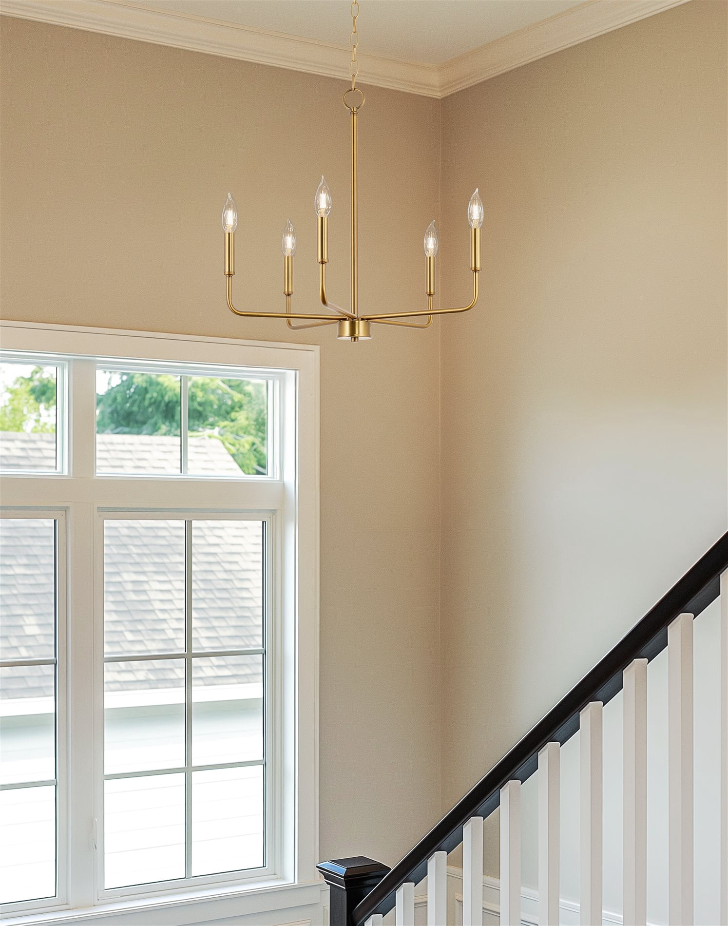 Kira Home Camille 22" Modern 5-Light Gold Chandelier, Minimalist Candle-Style Gold Hanging Fixture, Warm Brass Finish