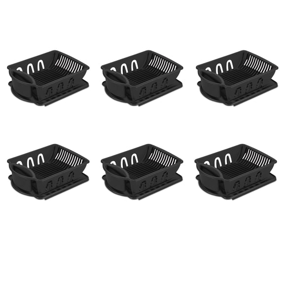 Sterilite 2 Piece Sink Set, Dish Drainer and Drainboard for Plates, Cups, and Flatware, Black, 6 Count