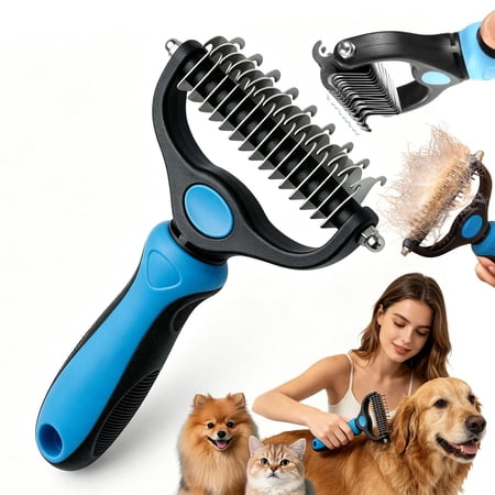 Grooming Tool for Dogs & Cats – Double Sided Dematting Comb with Rounded Stainless Steel Teeth, Removes Mats, Tangles & Loose Fu