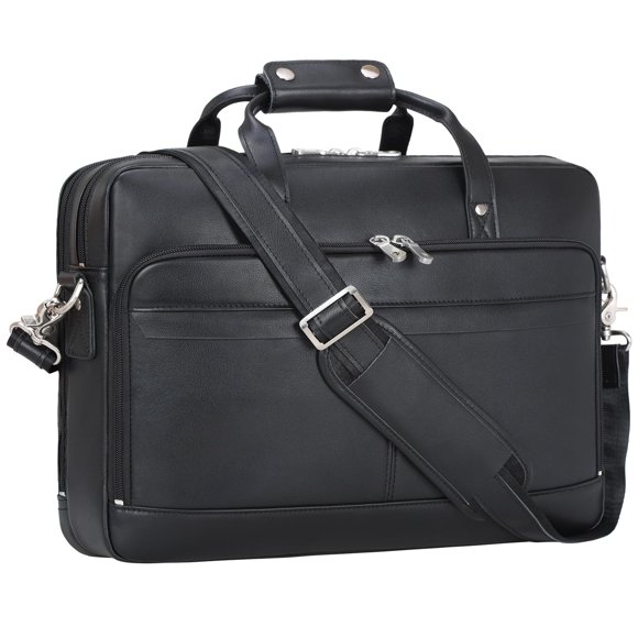 Masa Kawa Black Leather Briefcase for Men 15.6 Inch Laptop Crossbody Shoulder Messenger Professional Office Bag Attache Brief Case Handbag Gifts for Business Travel Work