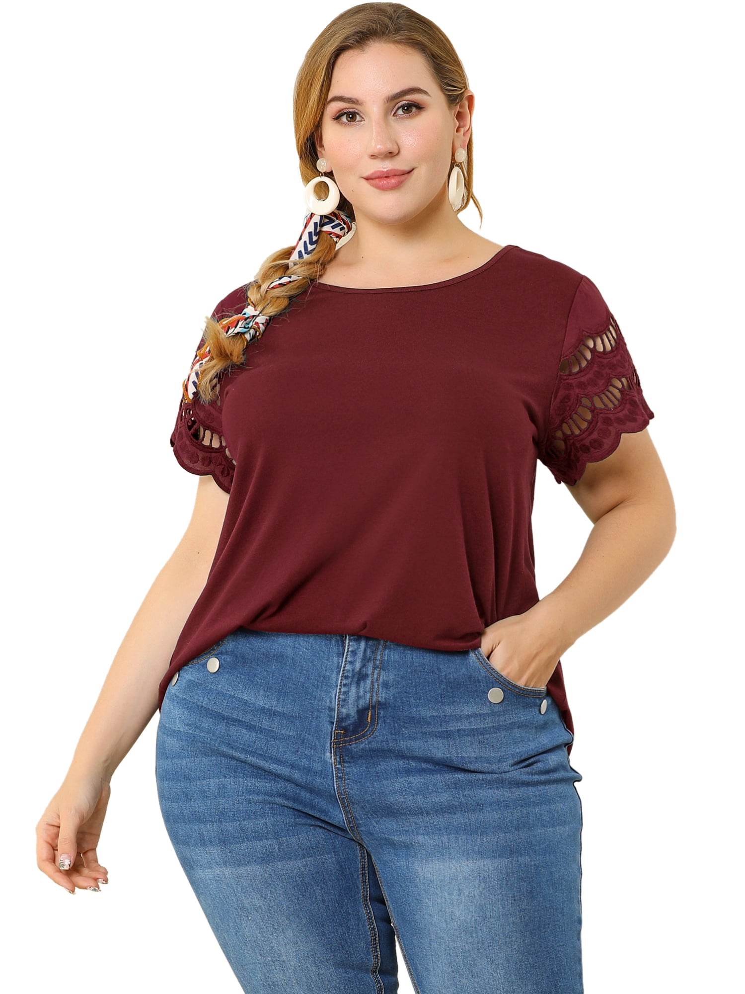 DARING DIVA Women's Plus Size Round Neck Lace Panel Blouses L Wine Red