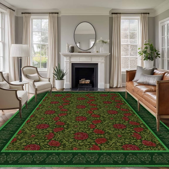 Vintage Red Roses Area Rugs 5'x7', Washable Small Throw Rugs for Laundry Room Playroom, Green Abstract Art Floral Ethnic Indoor Outdoor Rug Non-Slip Low Pile Carpet Runner Reversible Floor Mats