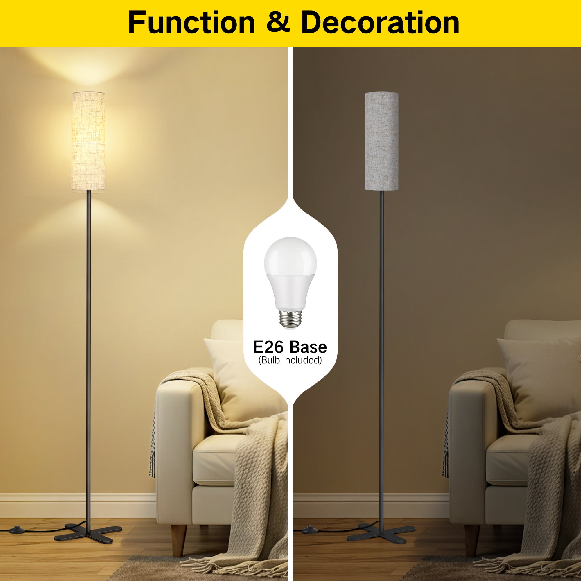 OUTON  Floor Lamps for Living Room Clearance, Dimmable, Minimalist Pole Lighting for Bedroom, Office, Kids Room, Bulb Included,  Black