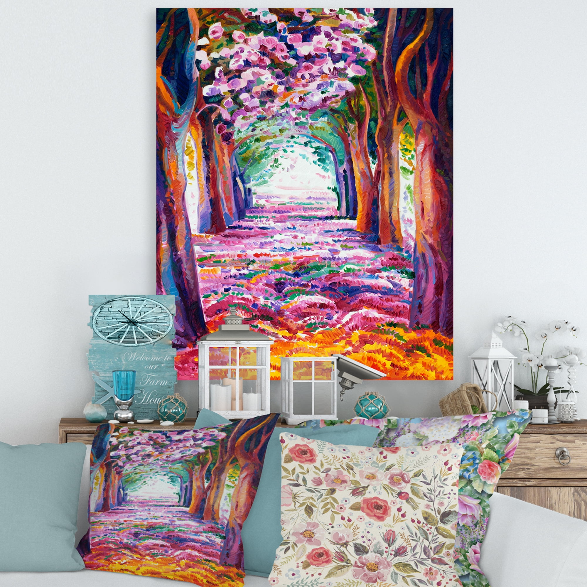 Designart ' Pink Flowering Colorful Spring Forest ' Lake House Canvas Wall Art Print