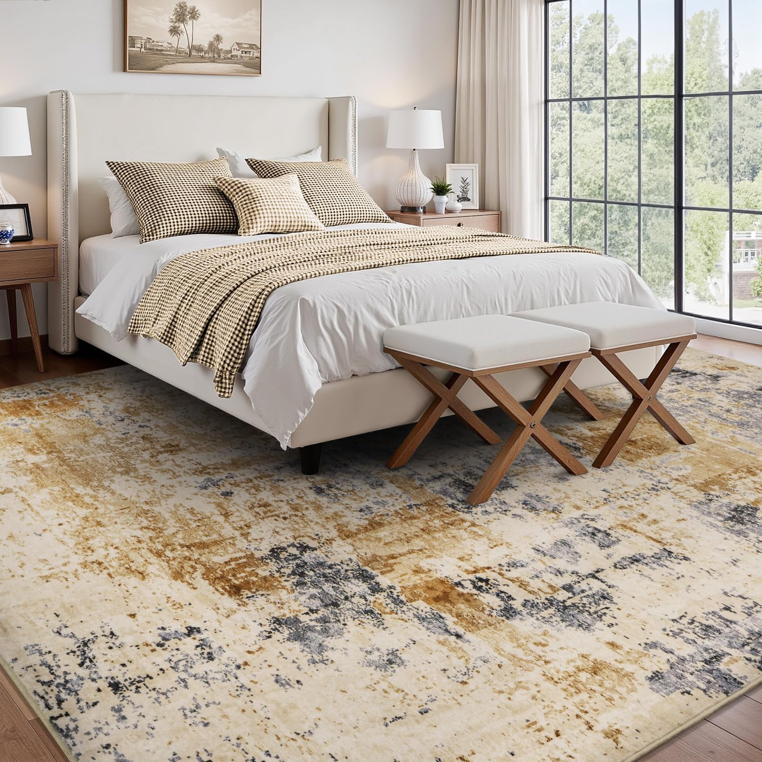 VUNATE 8'x10' Rugs for Living Room Washable Rugs Modern Abstract Area Rug Neutral Indoor Carpet Soft Rugs for Bedroom Office Dining Room Kitchen Laundry Room Accent Rug Modern Home Decor Gold