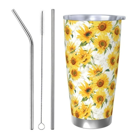 

KLL Artistic Marble Pattern Sunflower Print 40oz Stainless Steel Insulated Car Cup with Spillproof Lid - Keep Your Drink Hot or Cold on the Go-Straw Three-piece Set