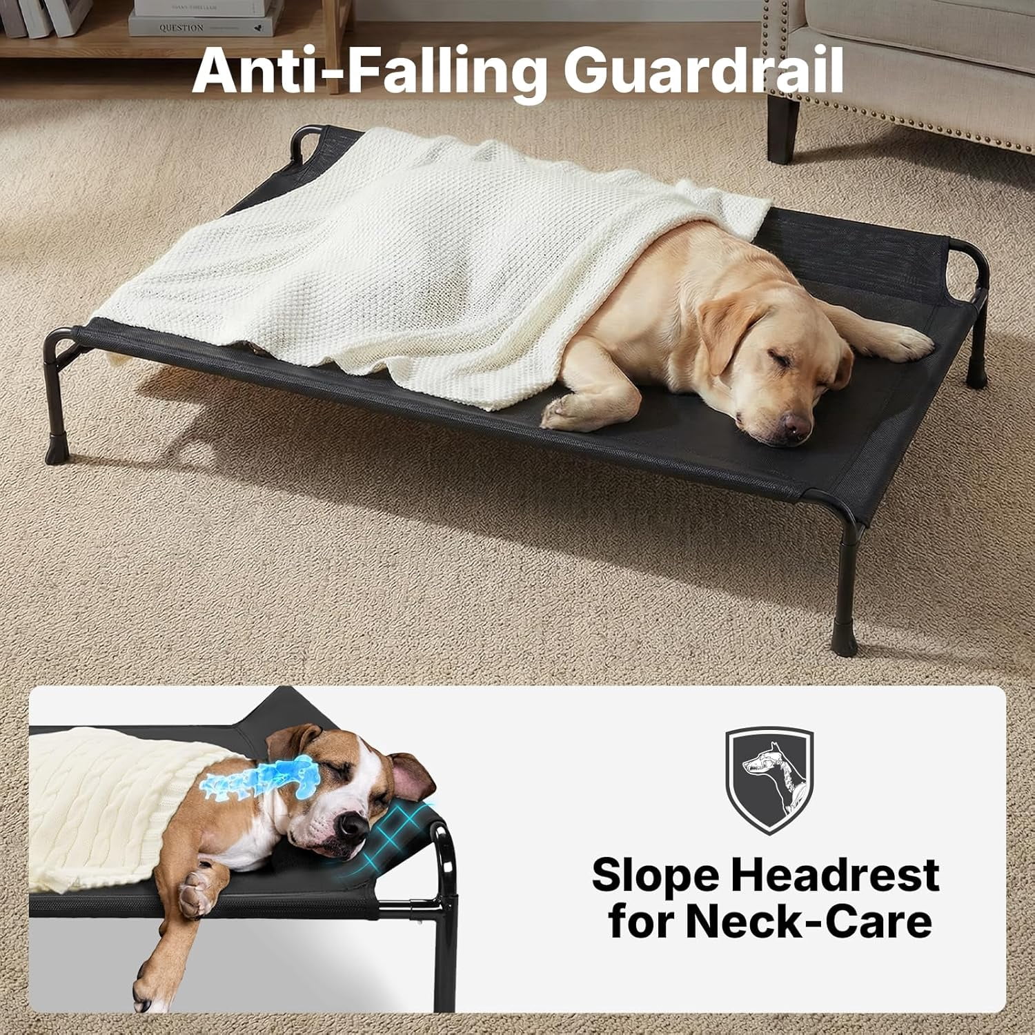 Outdoor Dog Bed, Raised Dog Beds for Large Dogs, Elevated Dog Bed with Headrest, Washable Cooling Pet Cot with Non-Skid Feet, Breathable Mesh, Pet Hammock for Indoor or Camping, 47", Black