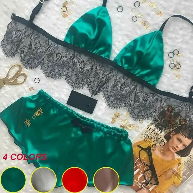 Ropa interior sexy de satén de seda para mujer, pijamas, tops cortos, conjuntos de bralette y bragas, ropa interior suave para niñas, tops, bragas, traje de encaje