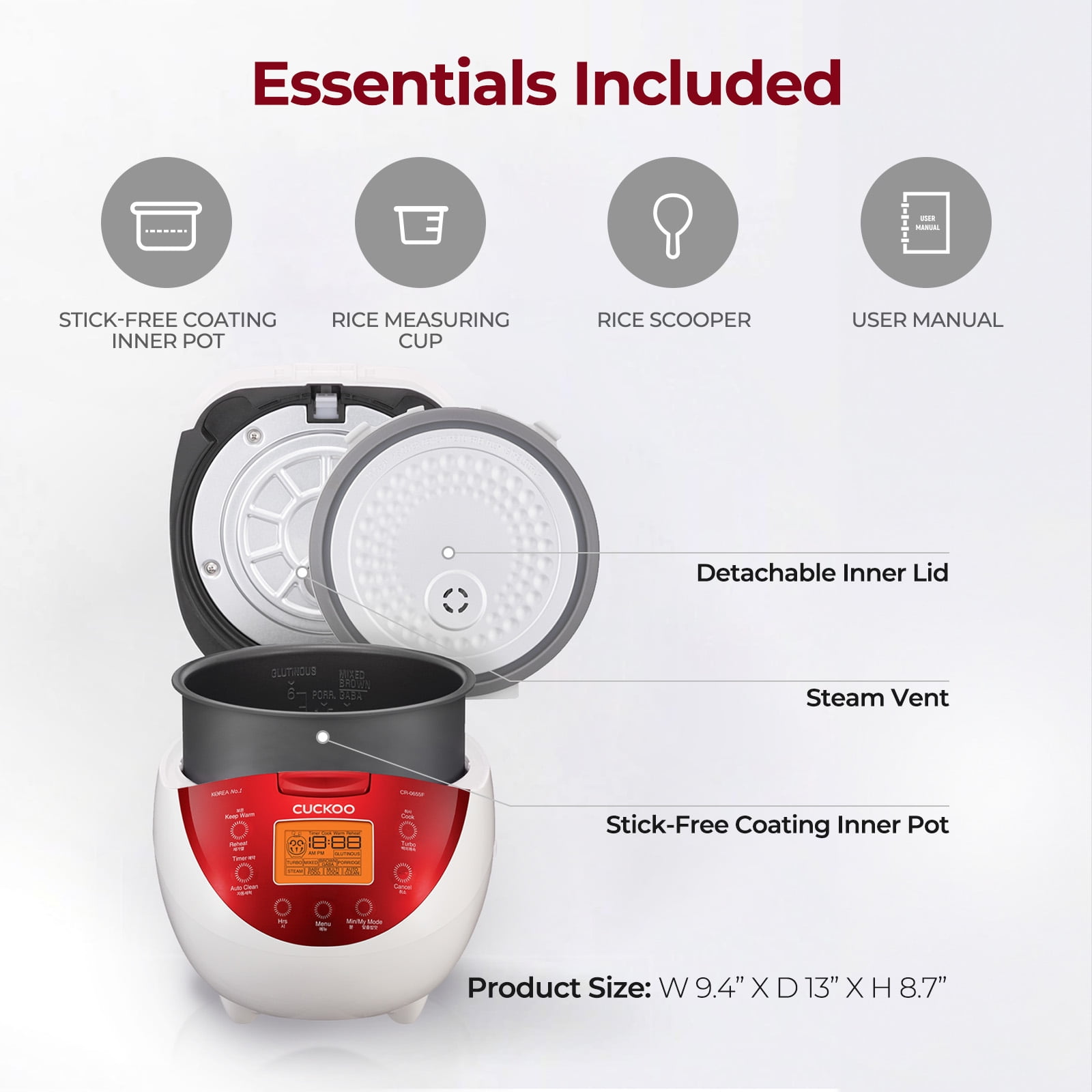Cuckoo CR 0655F 6 Cup Micom Rice Cooker and Warmer 11 Menu Options Nonstick Inner Pot Red White Walmart