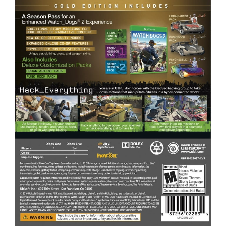 Watch Dogs 2 Gold Edition, Ubisoft, Xbox One, 887256022839