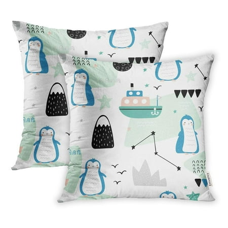 

ARHOME Animal Funny Blue Penguins Iceberg and Ship on for Children Arctic Pillowcase Cushion Cases 16x16 inch Set of 2