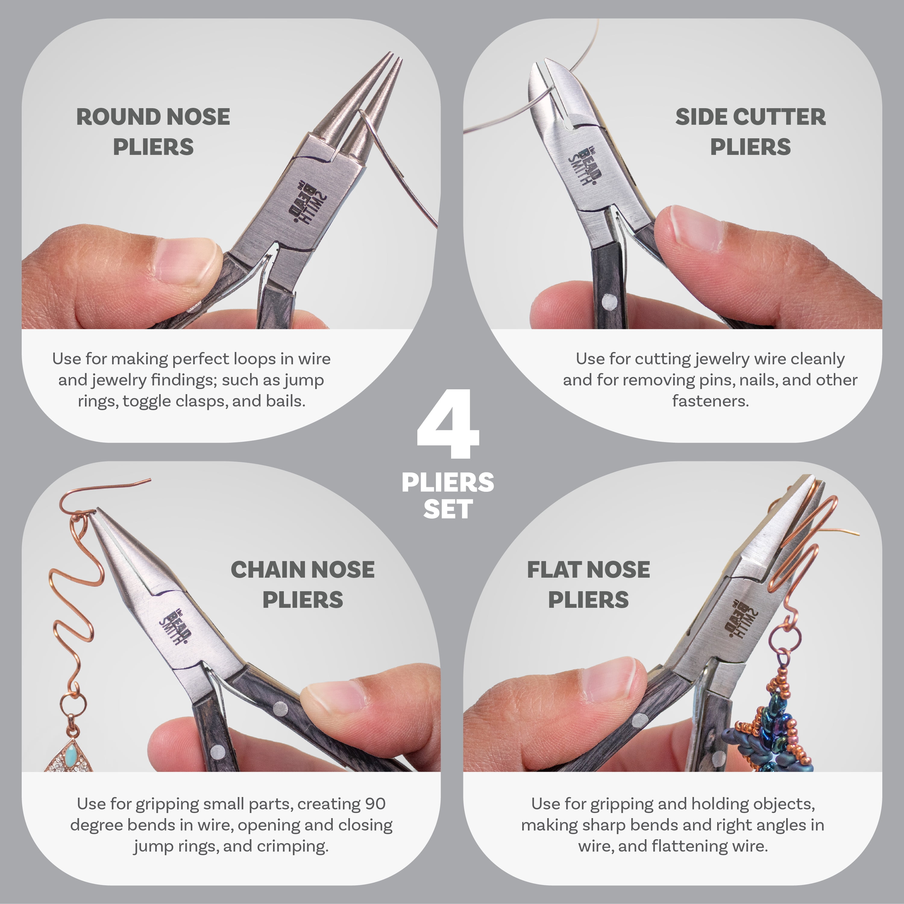 The Beadsmith Natural Elements Pliers Set - 4-Piece Kit: Chain Nose, Round Nose, Flat Nose, Side Cutter and Canvas Carrying Case – Black Wooden Handles - Tools for Jewelry Making