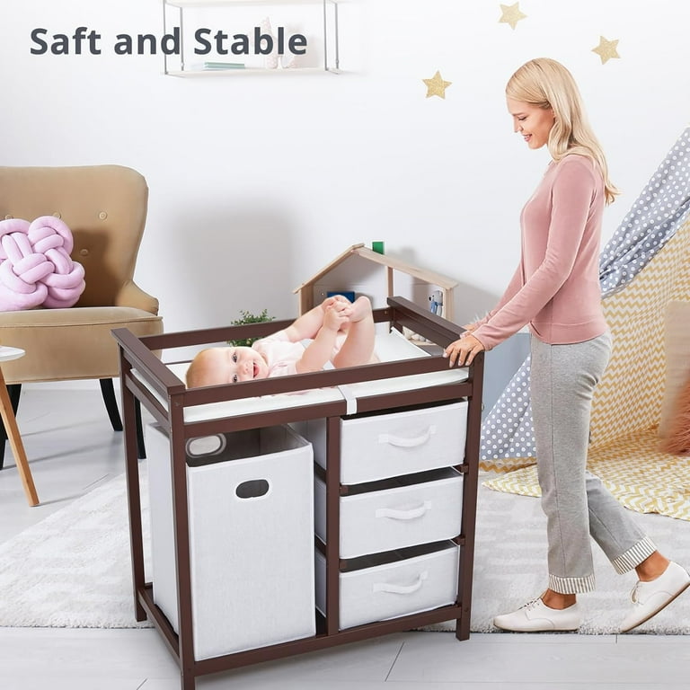 Walmart Wooden Baby Changer Table with 3 Drawer Basket Changing Pad Infant Diaper Station Dresser and Laundry Hamper Walmart