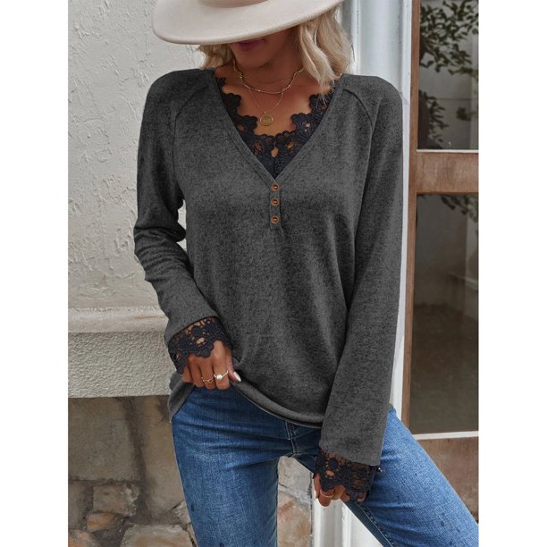 Prendas de punto de manga larga con escote en V para mujer, blusa de punto con escote en V y encaje para mujer, blusa de punto de manga larga con encaje para mujer diseñada meticulosamente