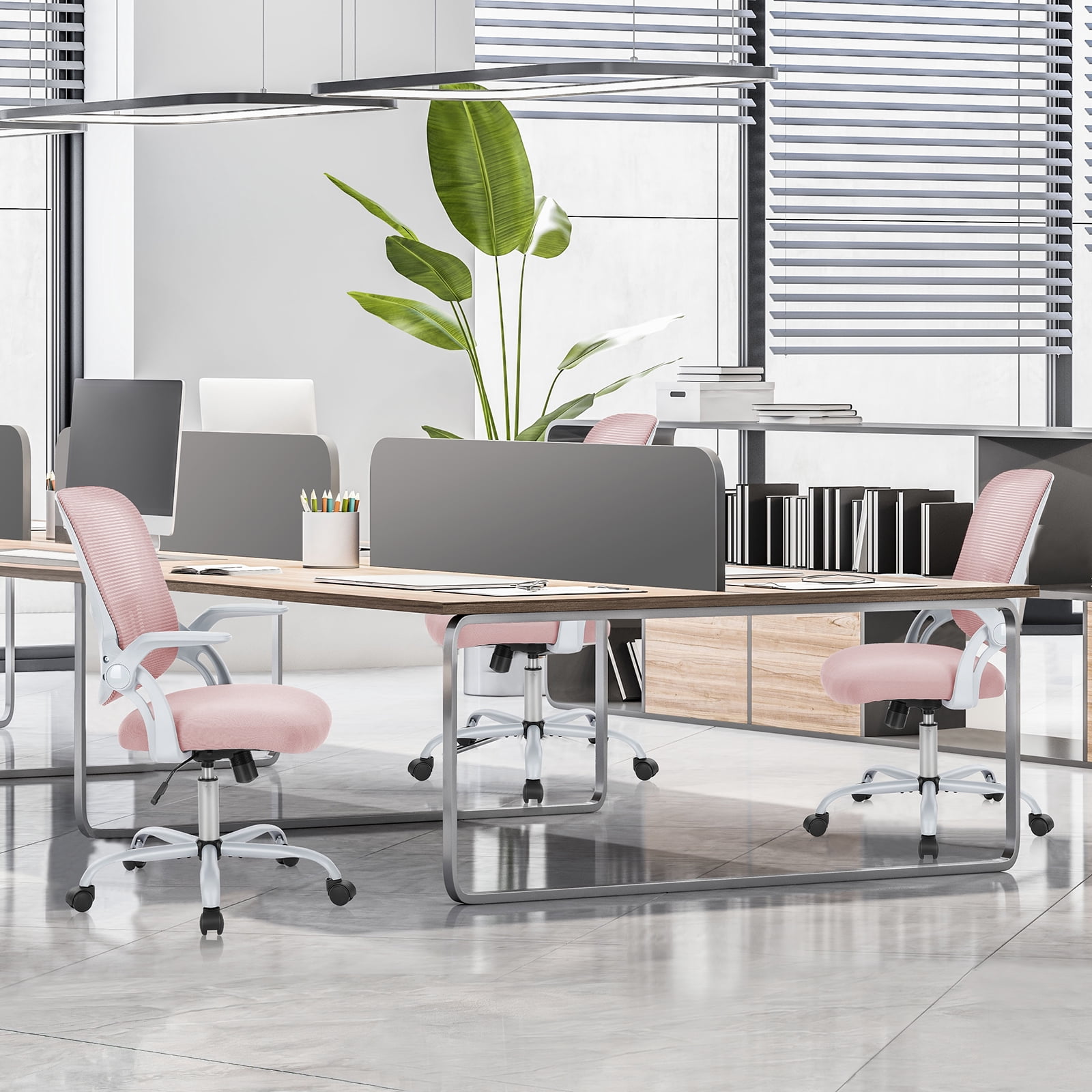 JOINSUN Office Computer Desk Chair, Ergonomic Mesh Mid-Back Rolling Work Swivel Task Chairs with Lumbar Support and Flip-up Arms for Home, Bedroom, Pink
