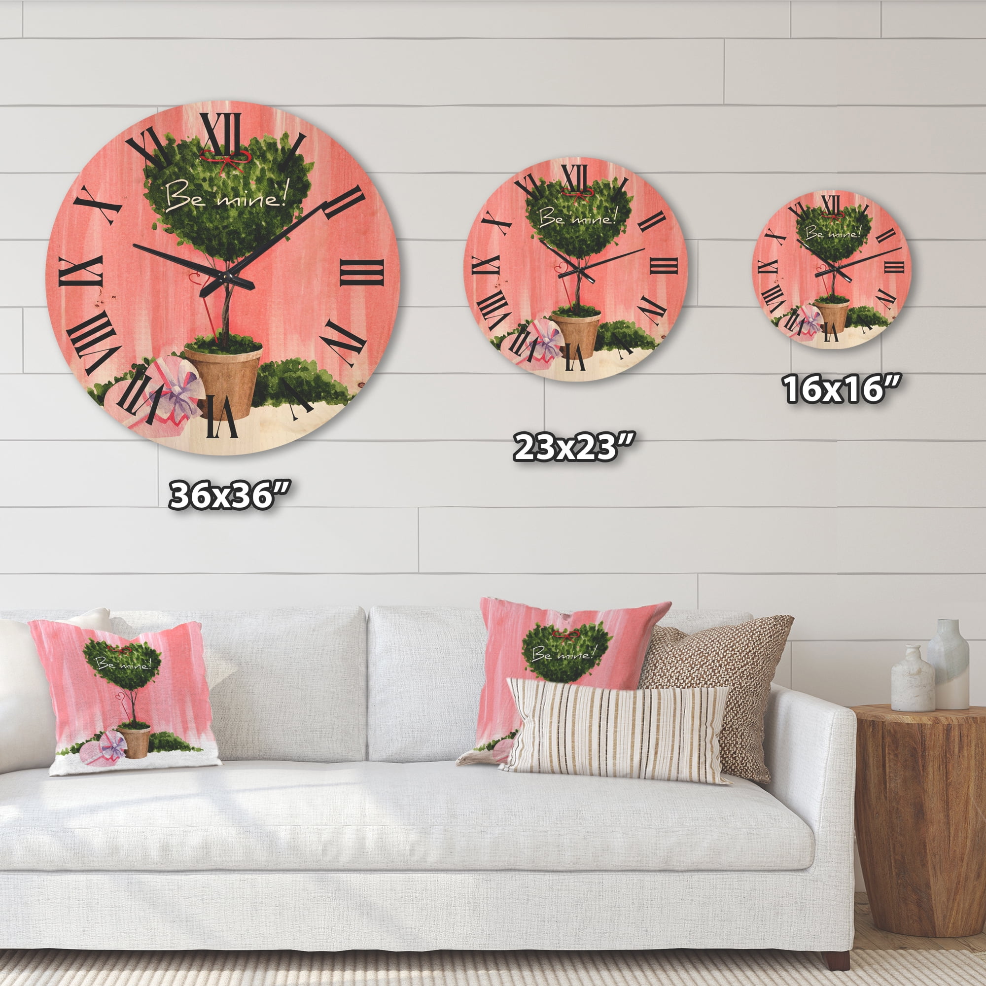 Designart 'Be Mine Heart Shaped Valentine House Plant' Farmhouse Wood Wall Clock