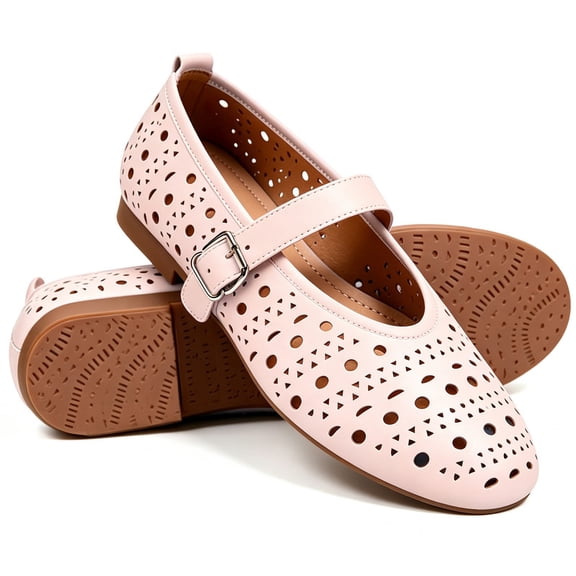 CHICVOMEY Breathable Mesh Mary Jane Shoes for Women Leather Ballet Flats with Buckle Fashion Fishnet Flats for Women Casual & Work Fashion Flats