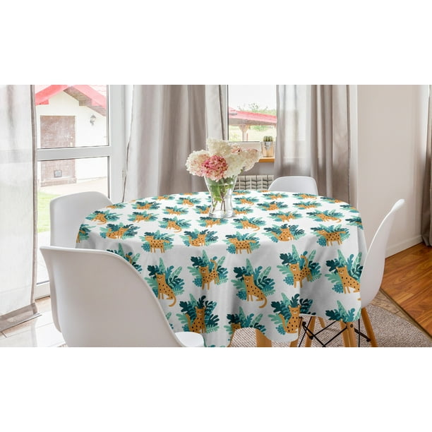 Animals Round Tablecloth Cheetah Illustrations Posing Differently In The Jungle Circle Table Cloth Cover For Dining Room Kitchen Decor 60 Orange Dark Teal By Ambesonne Walmart Com Walmart Com