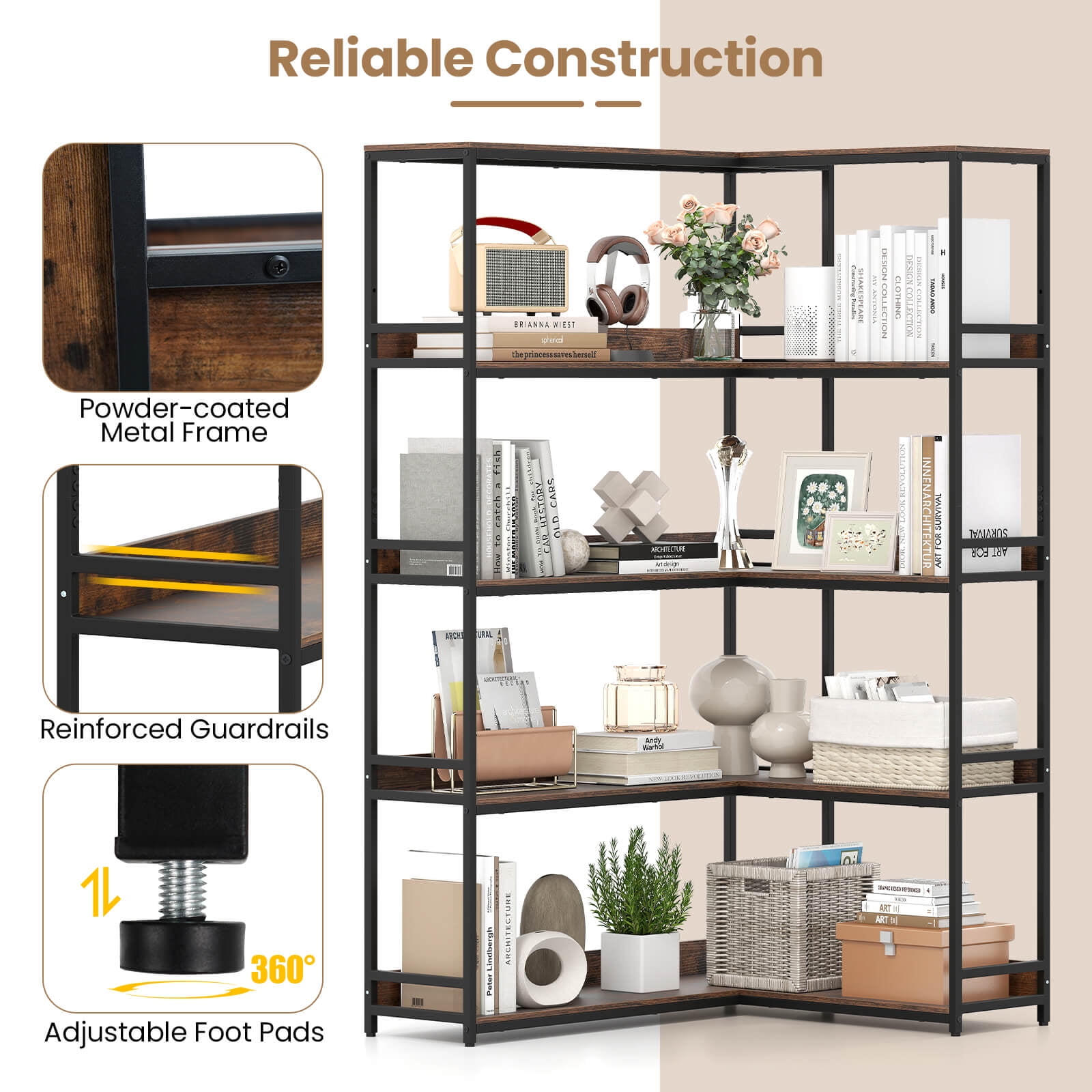 Costway Corner Bookshelf 5-Tier L-Shaped Bookcase 71" Tall Etagere Bookshelf with Metal Frame Brown