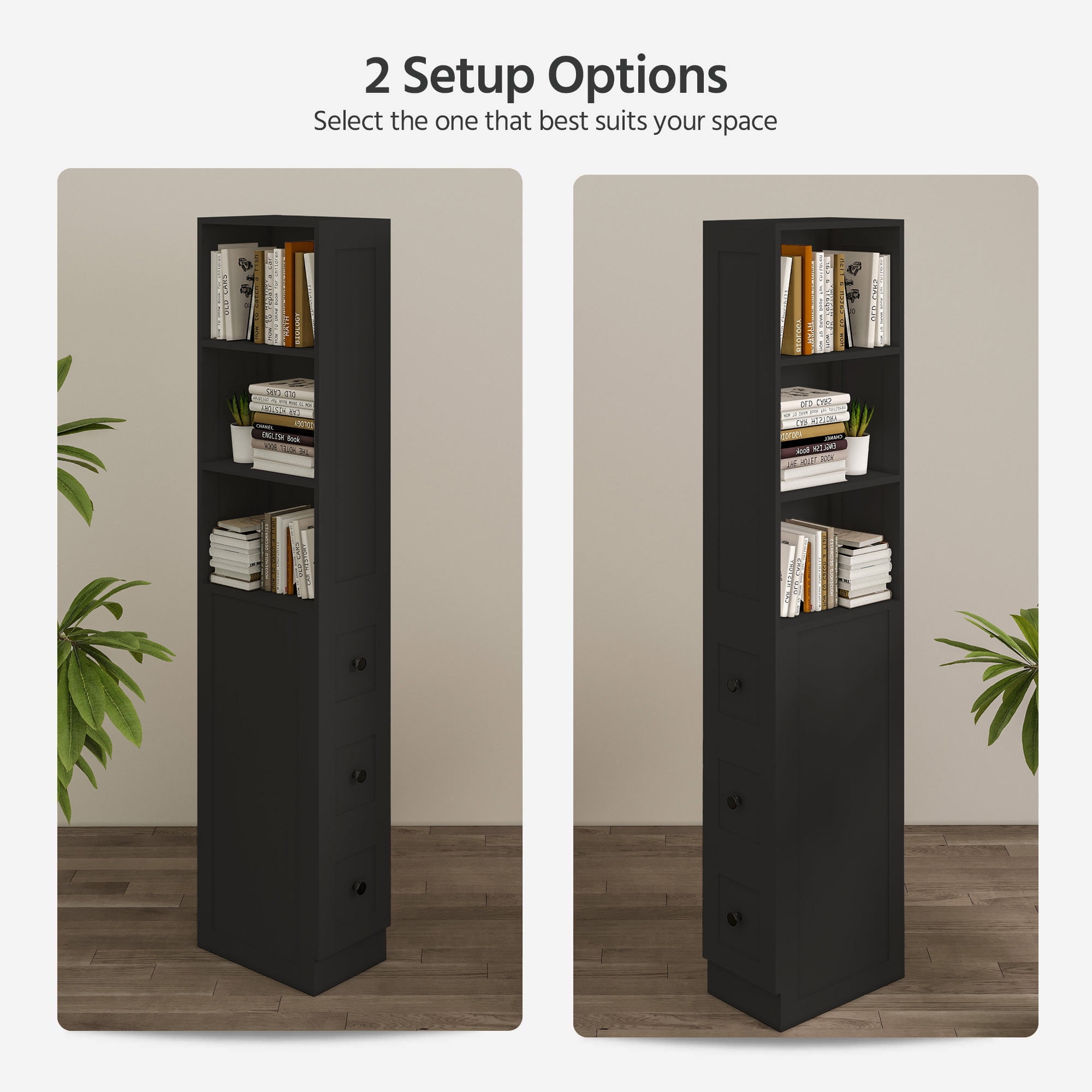 KAMEROUT Tall Slim Storage Cabinet with 2 Adjustable Shelves & 3-level Drawers for Bathroom, Kitchen, Black