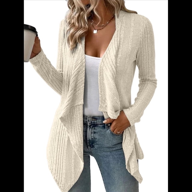 Cárdigan Ligero, Drapeado y Abierto para Mujer, Prenda Exterior Informal de Punto de Larga. Albaricoque S