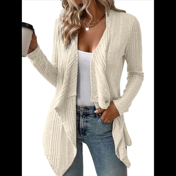 Cárdigan Ligero, Drapeado y Abierto para Mujer, Prenda Exterior Informal de Punto de Larga. Albaricoque L