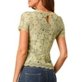 thumbnail image 4 of MODA NOVA Junior's Scalloped Trim Short Shirred Sleeves Sheer Floral Lace Blouse Green S, 4 of 7