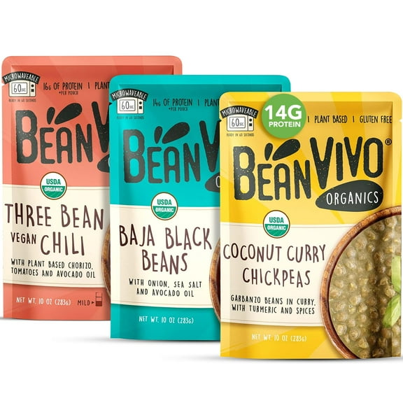BeanVIVO - VarietyTRDN 3 Pack (10 oz each) - Organic Baja Bean Vegan Chili, Coconut Curry Chickpeas - Seasoned & Ready to Eat, Plant Protein, Vegan, Gluten Free, Microwaveable, Instant Meals