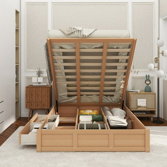 Queen Size Wood Platform Bed with Underneath Storage and 2 Drawers, Wood Color
