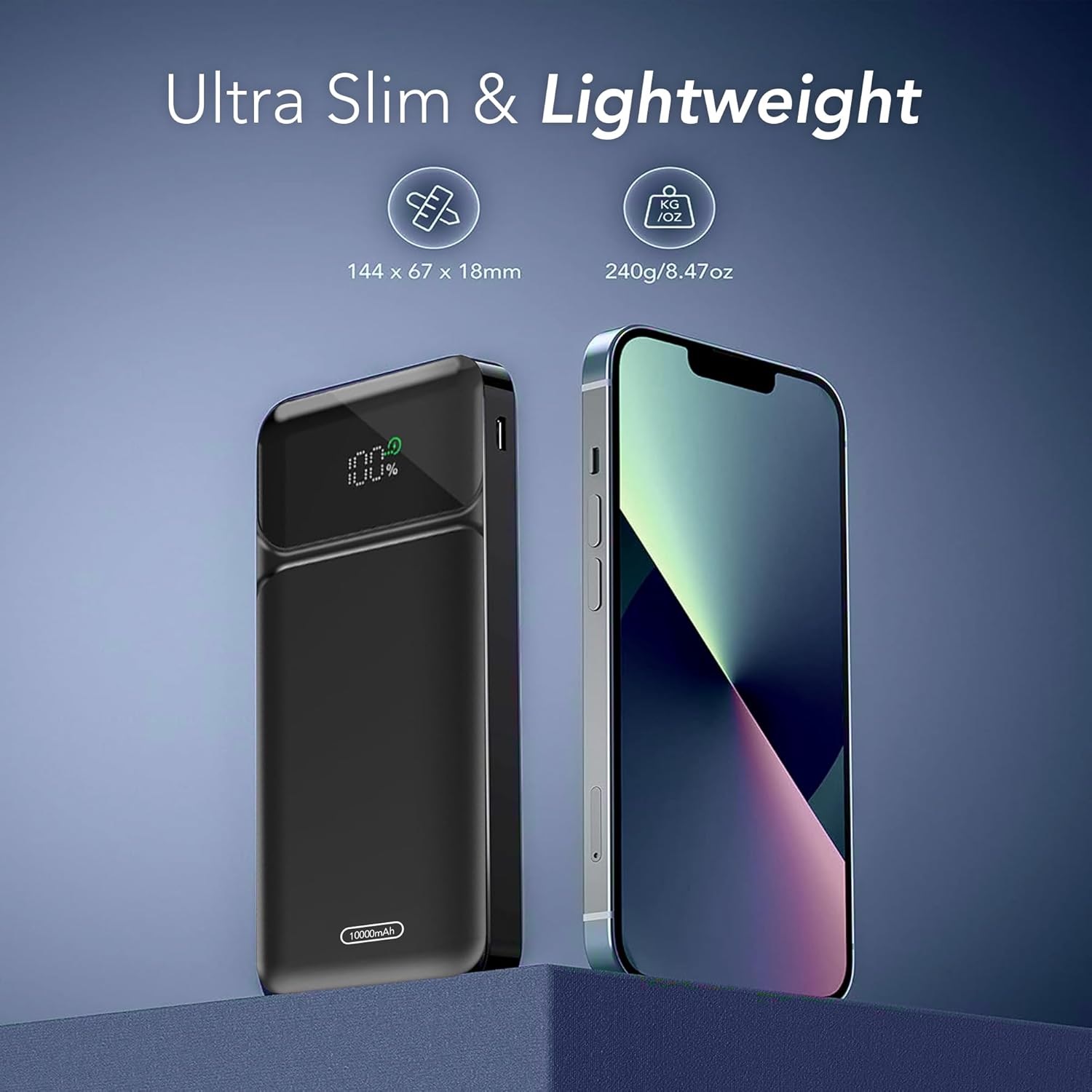 Nazarian Portable Charger Power Bank 10000mAh - Fast Charging Battery Pack - Portable with Built-in Cable, LED Display, Type-C & USB-A Ports, Travel Essentials Portable Phone Charger for Phones