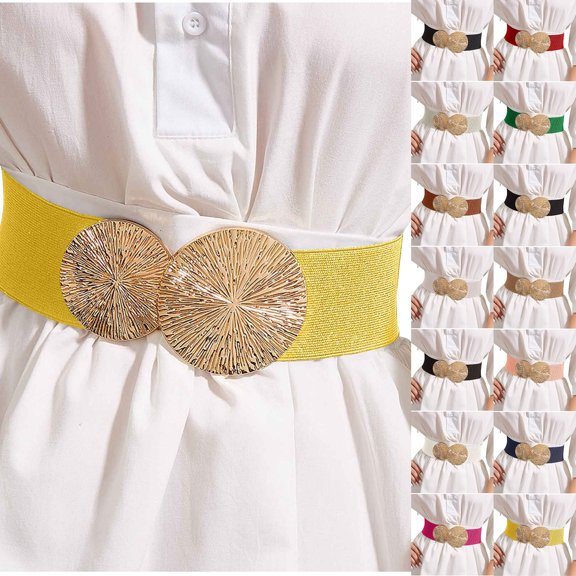Nmnitkp Belts for Women Elastic Waist Cincher Belt, Large Textured Metal Buckle Stretch Waistband for Dresses, Coats, Casual & Formal Outfits Yellow,Free Size