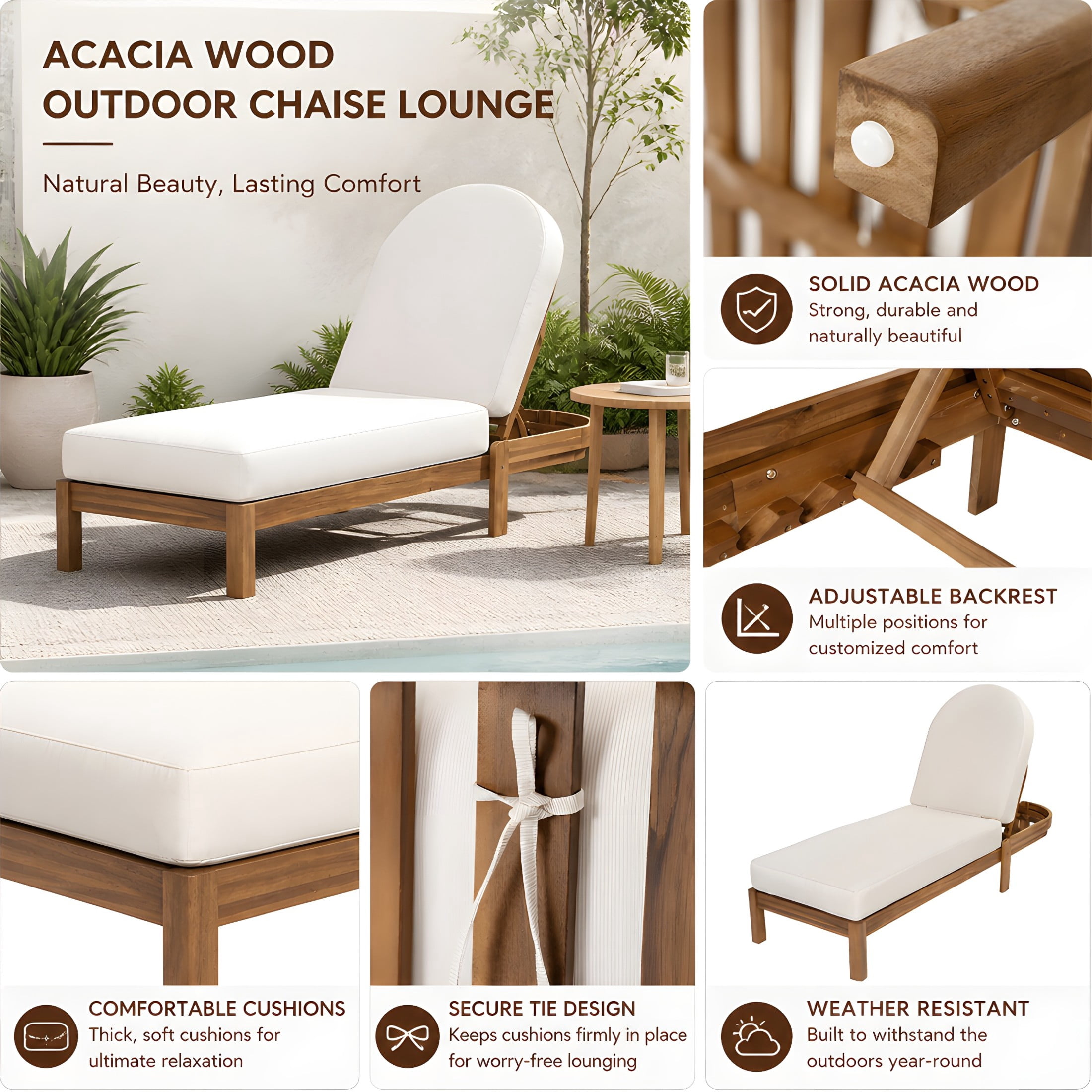 Christopher Knight Home Patio Acacia Wood Chaise Lounge with Cushion, Adjustable Backrest, Teak+Beige