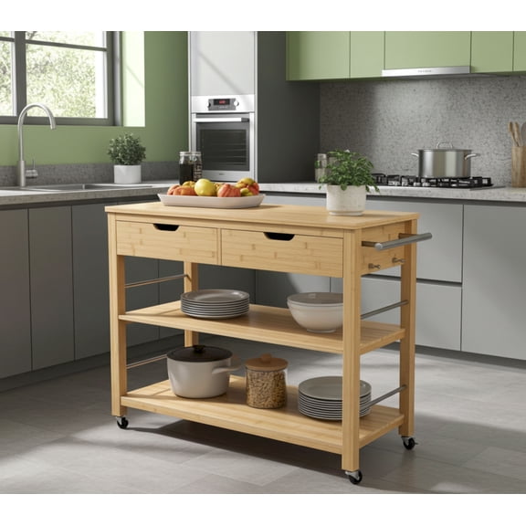 Solid Bamboo Kitchen Cart with 2 Drawers, 2 Shelves