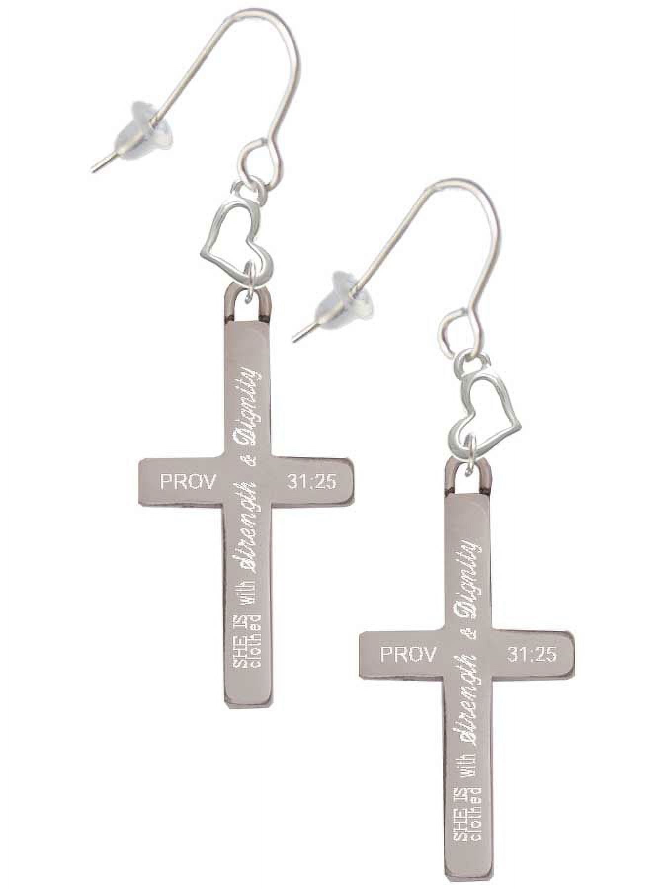 Stainless Steel Proverbs 31:25 - She is Clothed Engraved Cross - Heart French Earrings