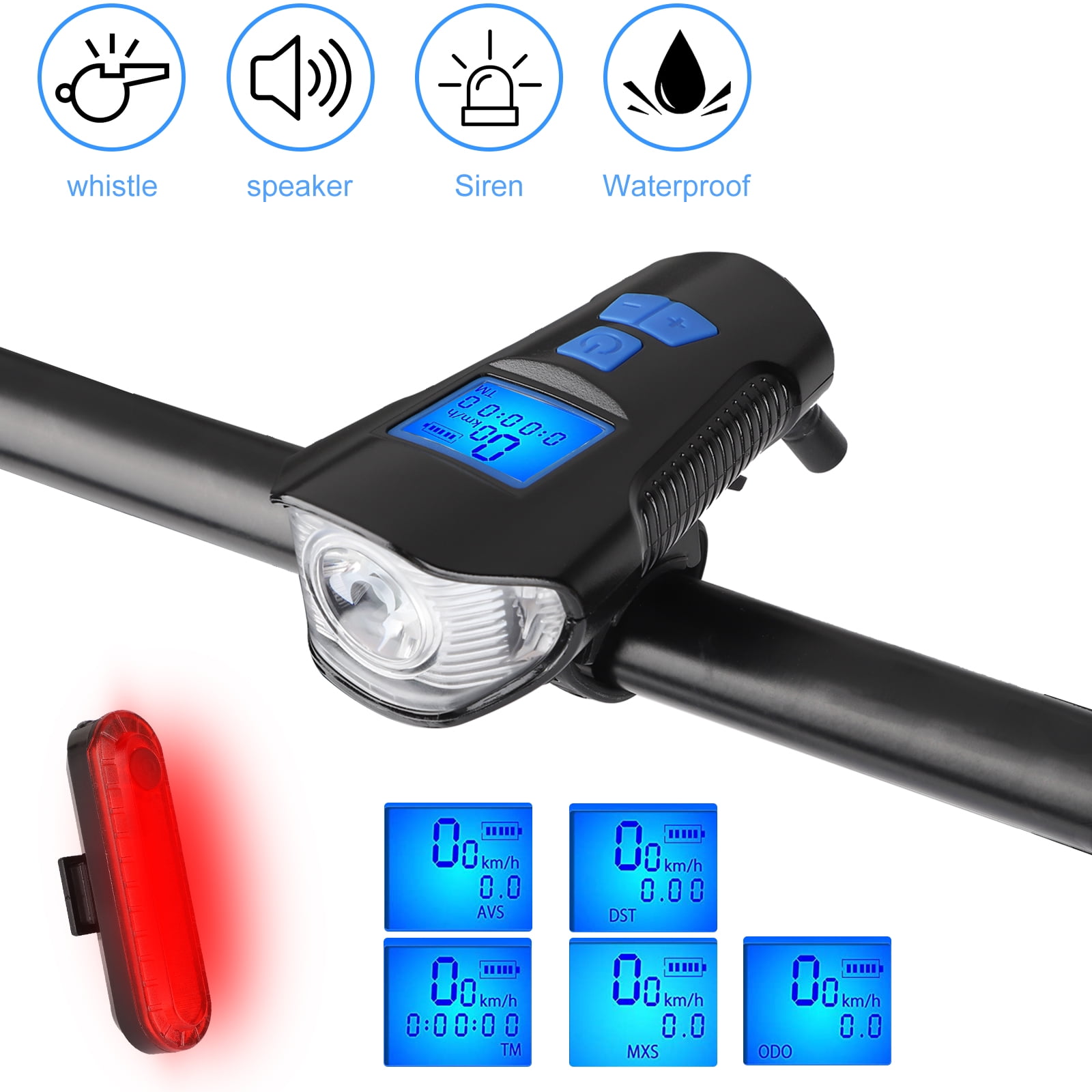 Black USB Rechargeable Bike Front Rear Tail Light Headlight Horn Bell Odometer