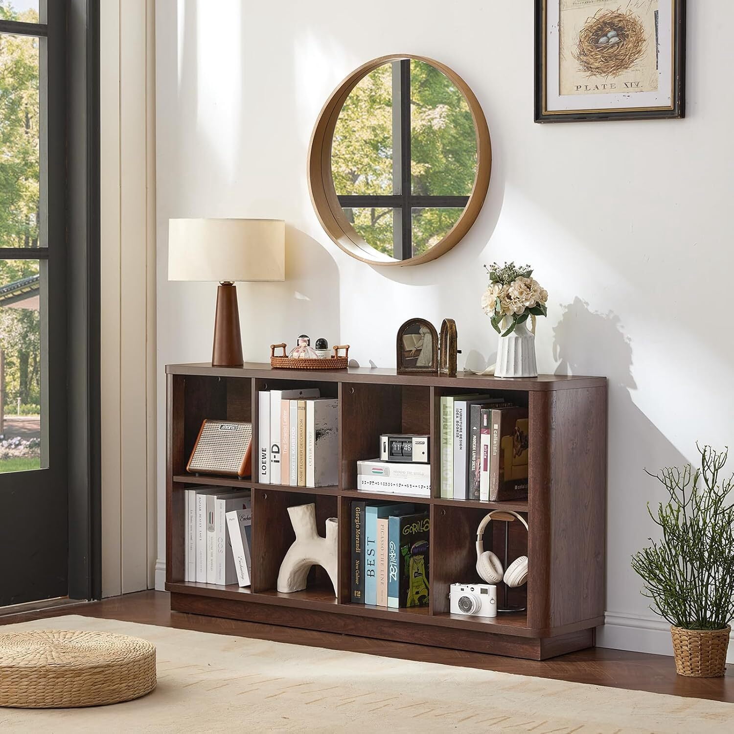 Joaxswe 52" Wood Horizontal 8-Cube Bookshelf, Farmhouse Long Bookcase, Low Wide Shelf for Under Window, Walnut, Office, Bedroom, Living Room