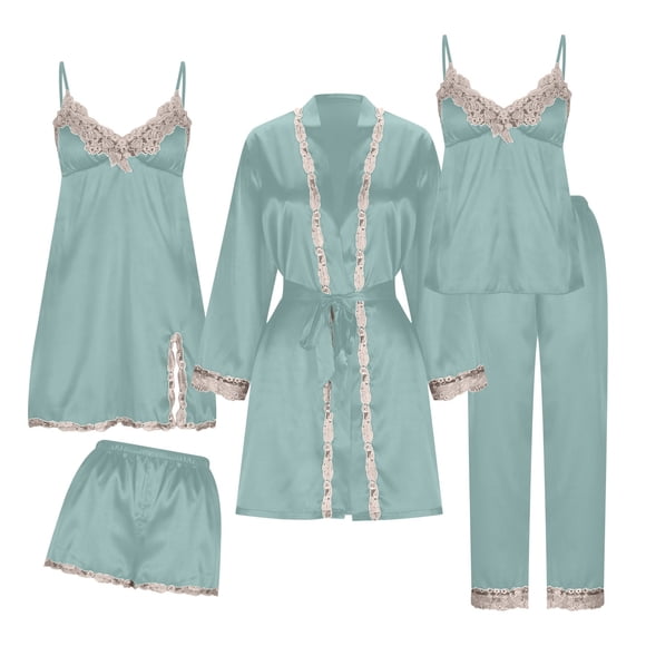 SZJXBUY Women Pajama Sets Cotton Casual 5PC Soft Silk Pj Sets Sleepwear Loungewear Night Satin Outfits Sky Blue,XXXL