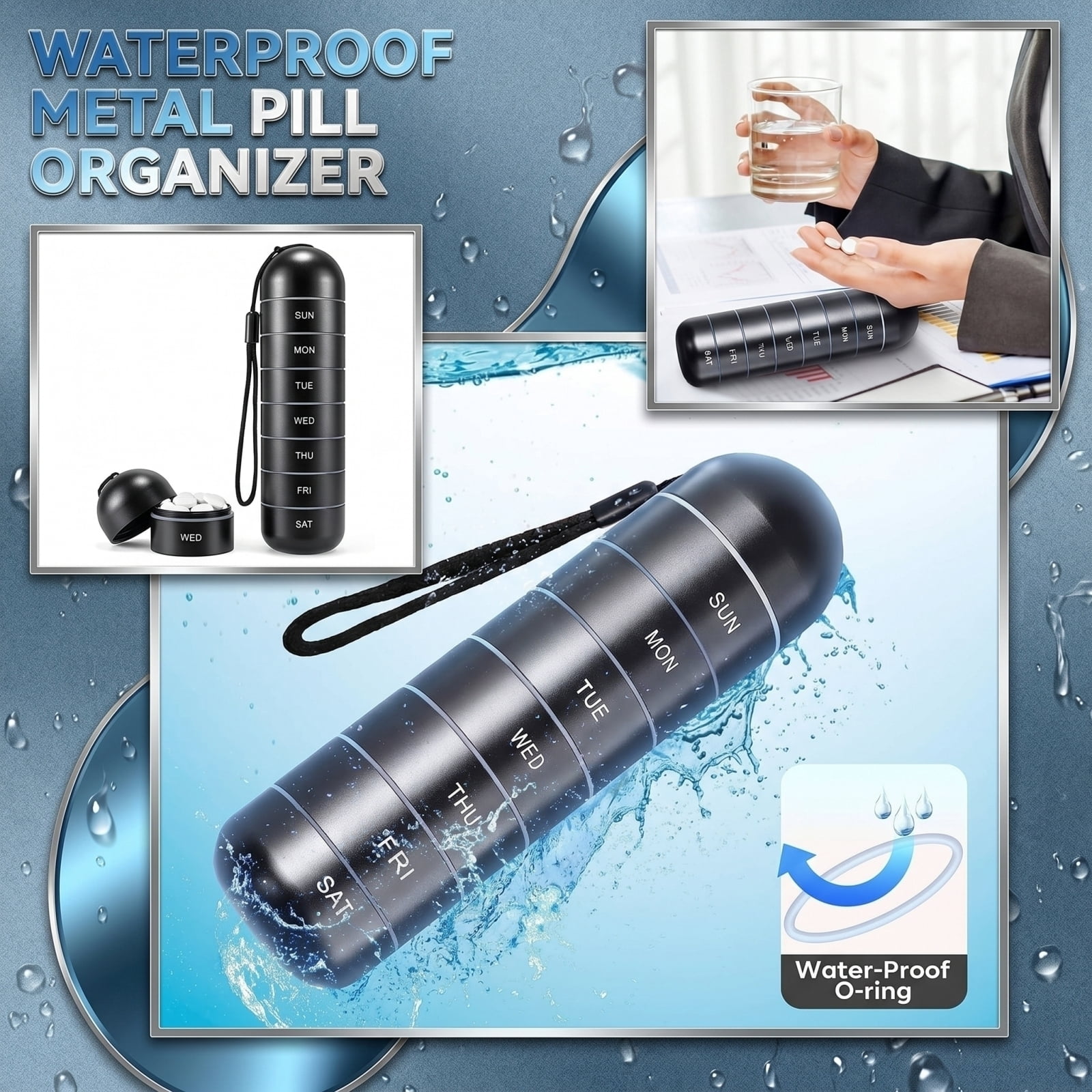 Pill Organizer Aluminum Alloy 7 Day Portable Waterproof Travel Pill Case For Daily Medication