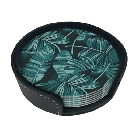 

Round Pu Leather Coaster Green Tropical Plant Heat - Resistant Beverage Cup Mat-Fancy Decor For Kitchen Office Dining Room Table - Drink Protector 6-Slice